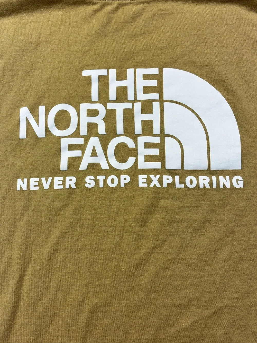 North Face Never Stop Exploring T-Shirt Size Large Tan Double Sided 100% Cotton